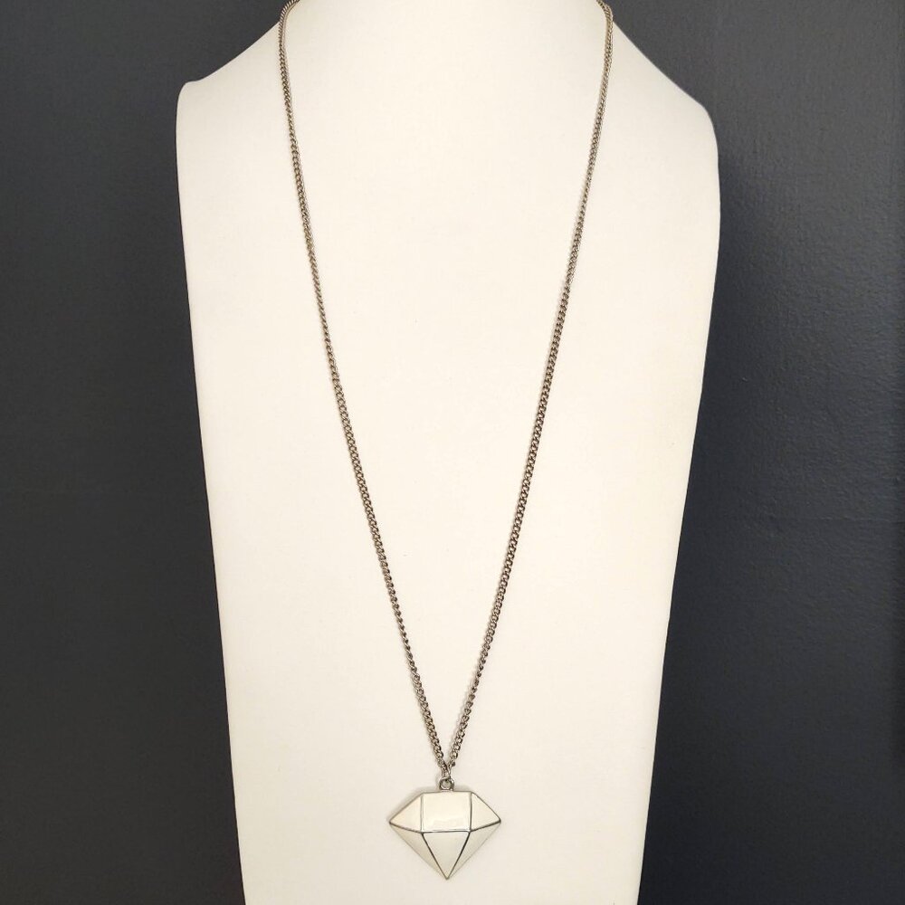 Cream enamel with silver accent long pendant necklace